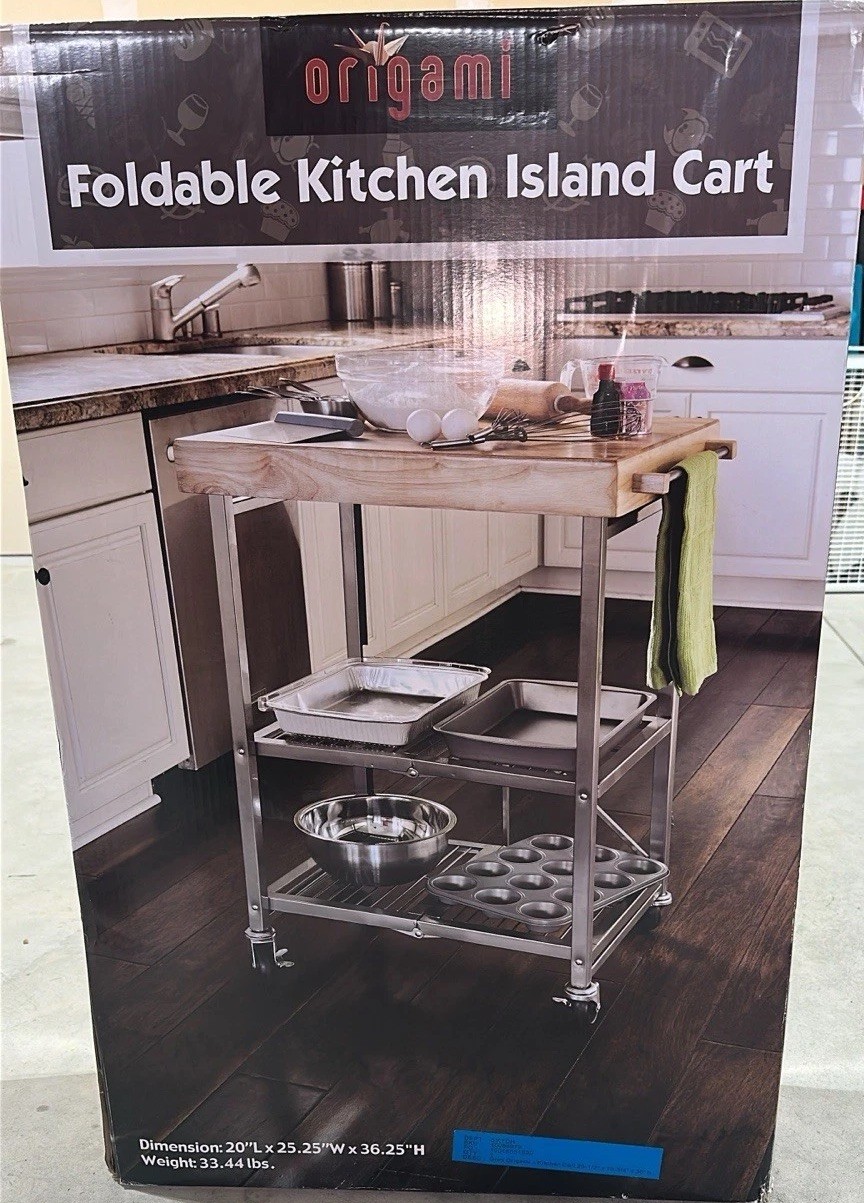 Origami Foldable Wheeled Portable Solid Wood Top Kitchen Island Bar Cart, Silver gallery