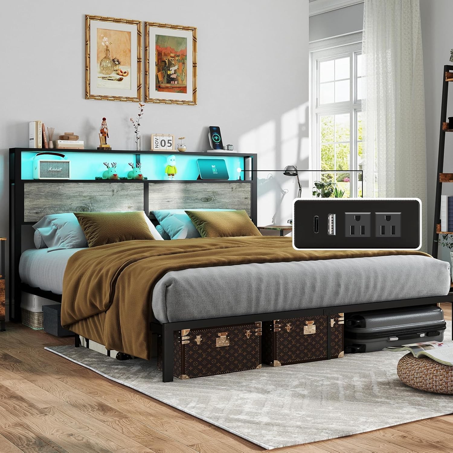 King Size Bed Frame with Charging Storage Headboard, Metal Platform Rustic Grey gallery