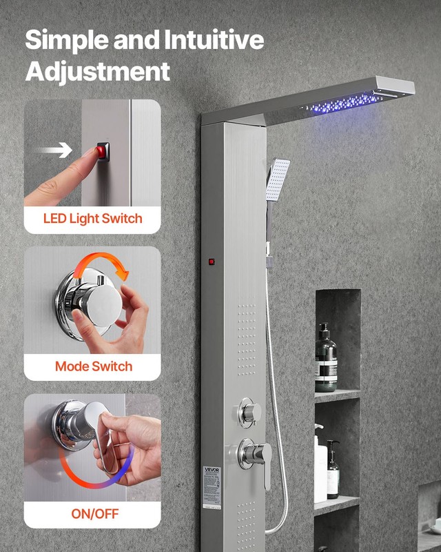 VEVOR Shower Panel Tower System St. Steel Column Rainfall Waterfall Head 5 Modes gallery