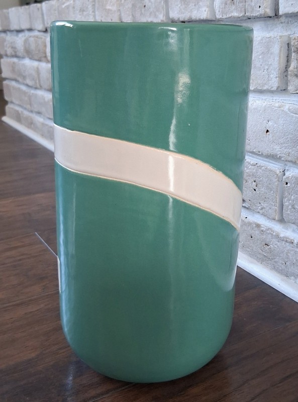 Large Postmodern Studio Pottery Vase Teal Blue White Memphis Style 12" Signed JJ gallery
