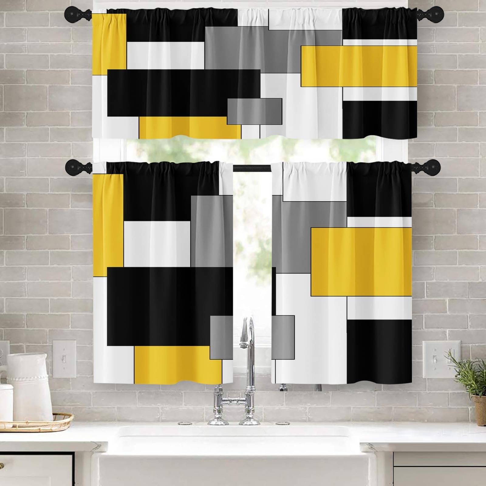 Yellow Kitchen Window Curtains Valance And Tier Set Black Grey White Modern Rod gallery