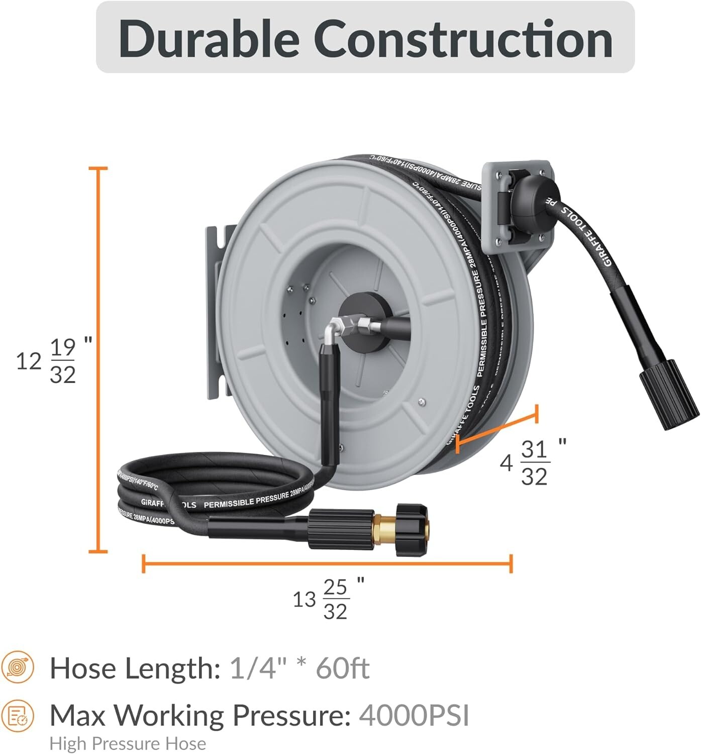 Giraffe Tools Retractable Pressure Washer Hose Reel, 60ft x 1/4" Power, 4000PSI gallery
