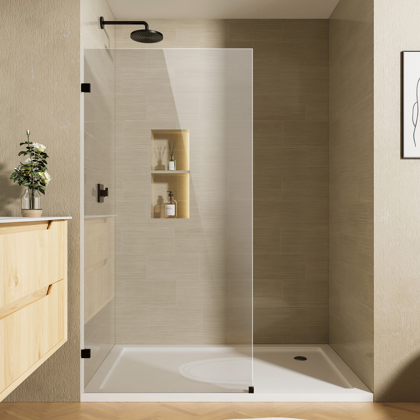 34" x 68" Frameless Shower Door, Matte Black, 3/8" Tempered Glass gallery