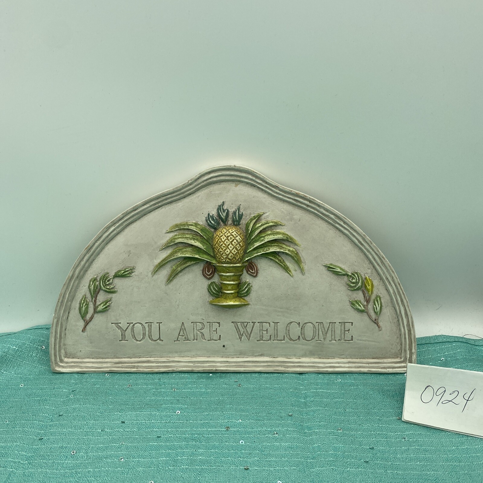 Hen-Feathers Hand Cast Stone Look 3D Pineapple Welcome Wall Arch Plaque 6.5” h gallery