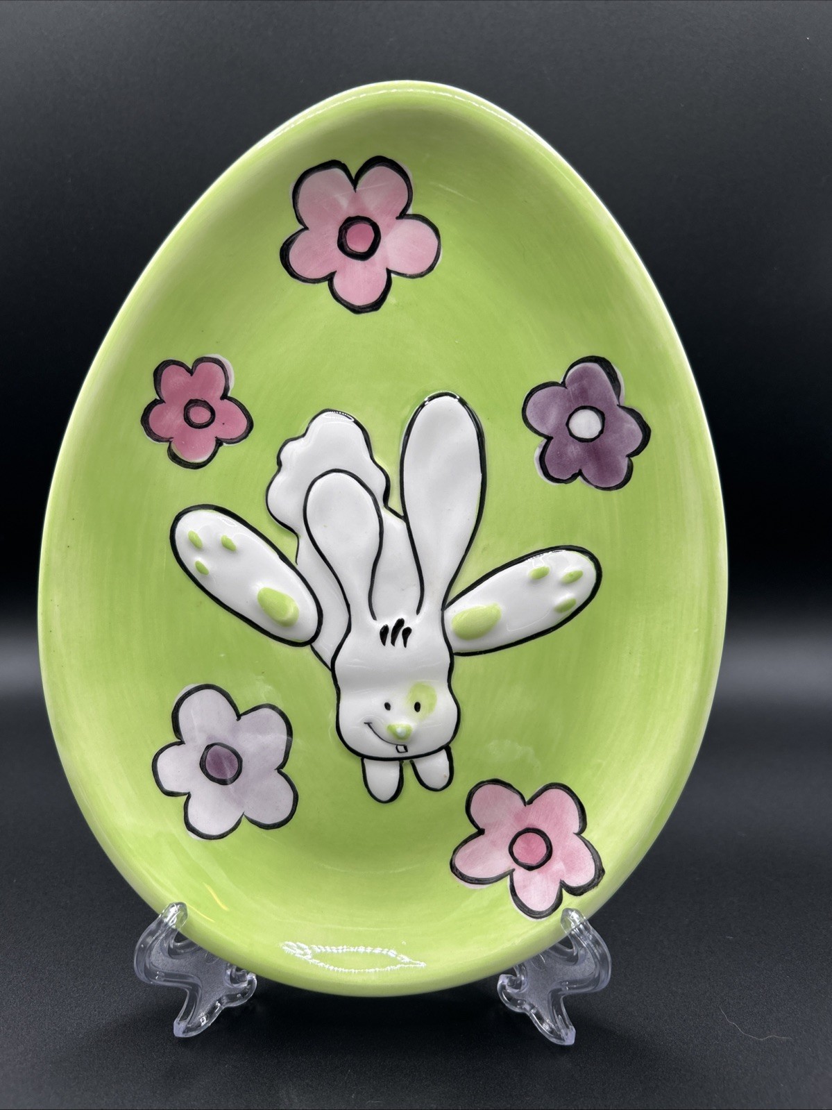 Easter-Spring Bunny/Flowers Ceramic Plate Trinket Dish Pastel Green Pink Purple gallery
