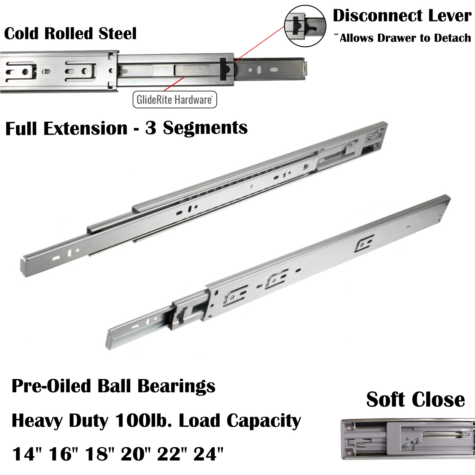14"-24” Full Extension Soft-Close Side Mount Ball Bearing Drawer Slides (100lbs) gallery