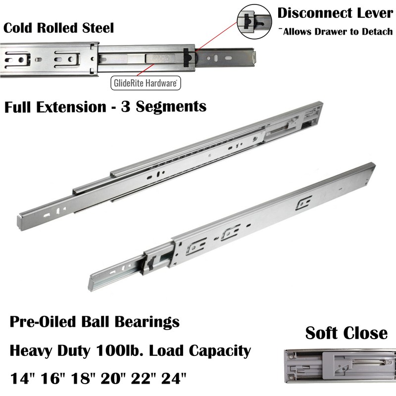 14"-24” Full Extension Soft-Close Side Mount Ball Bearing Drawer Slides (100lbs) gallery