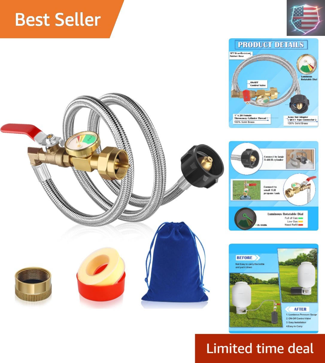 Upgraded Propane Refill Adapter for 1 lb. Tanks, 3ft Stainless Steel Braid Ty... gallery