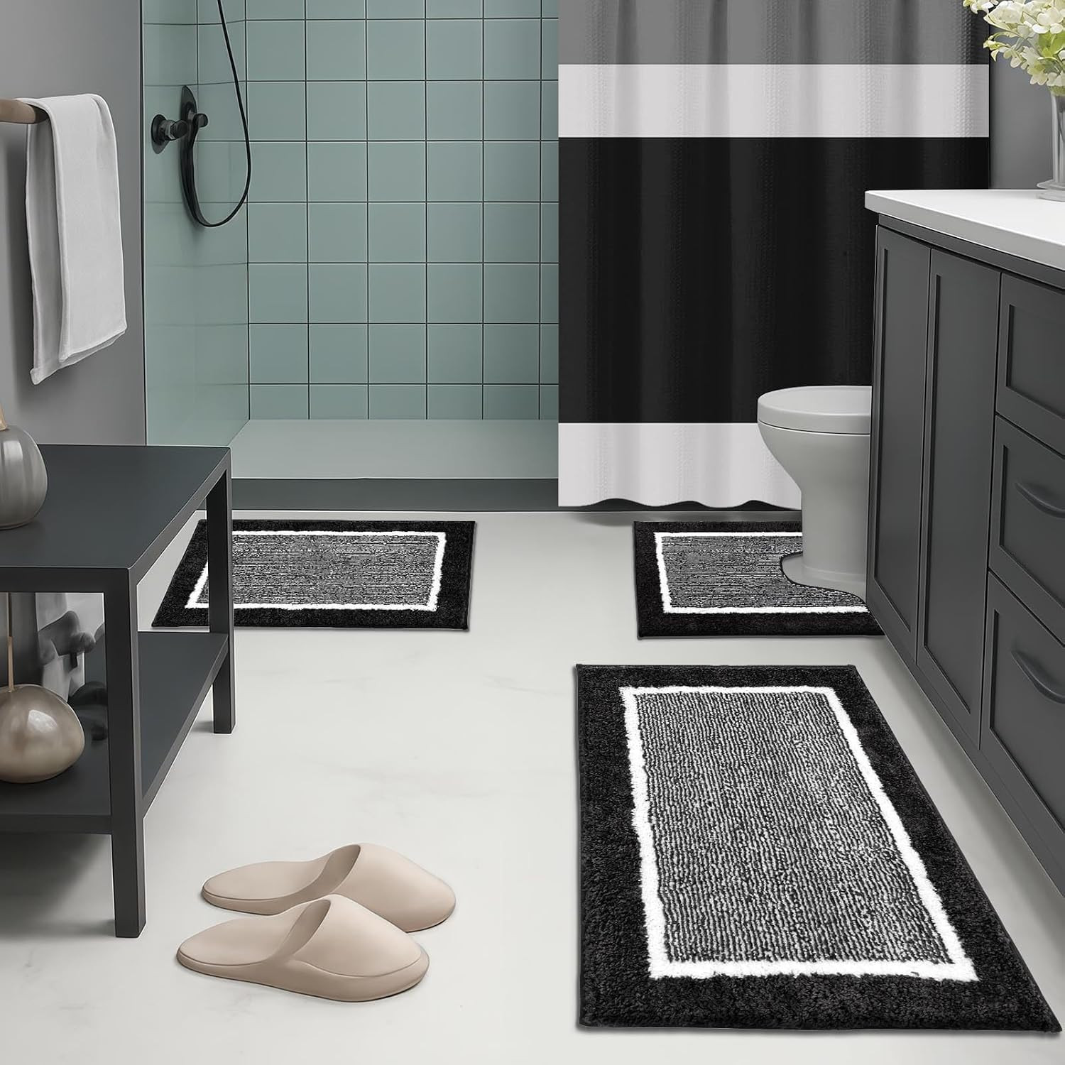 Britimes Black Stripes Bathroom Sets with Shower Curtain and Rugs, Ombre Striped gallery