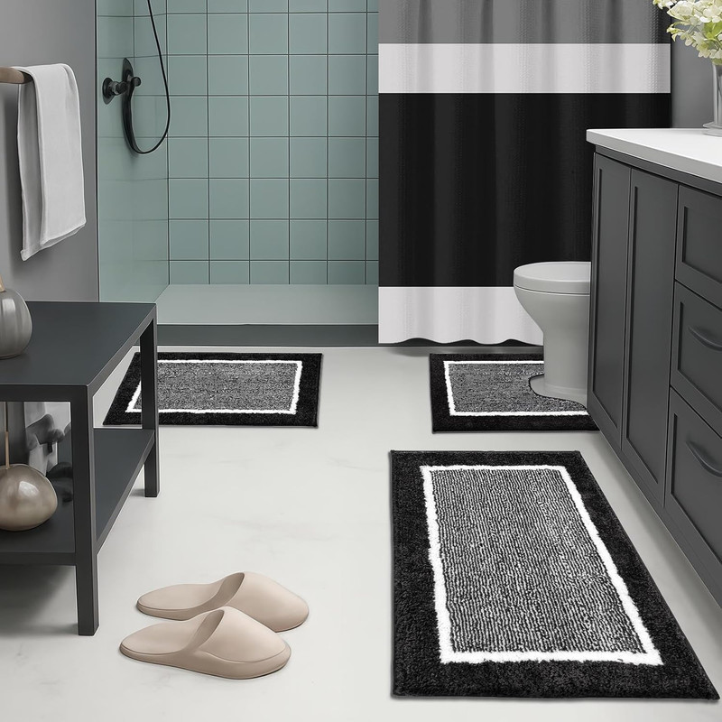 Britimes Black Stripes Bathroom Sets with Shower Curtain and Rugs, Ombre Striped gallery