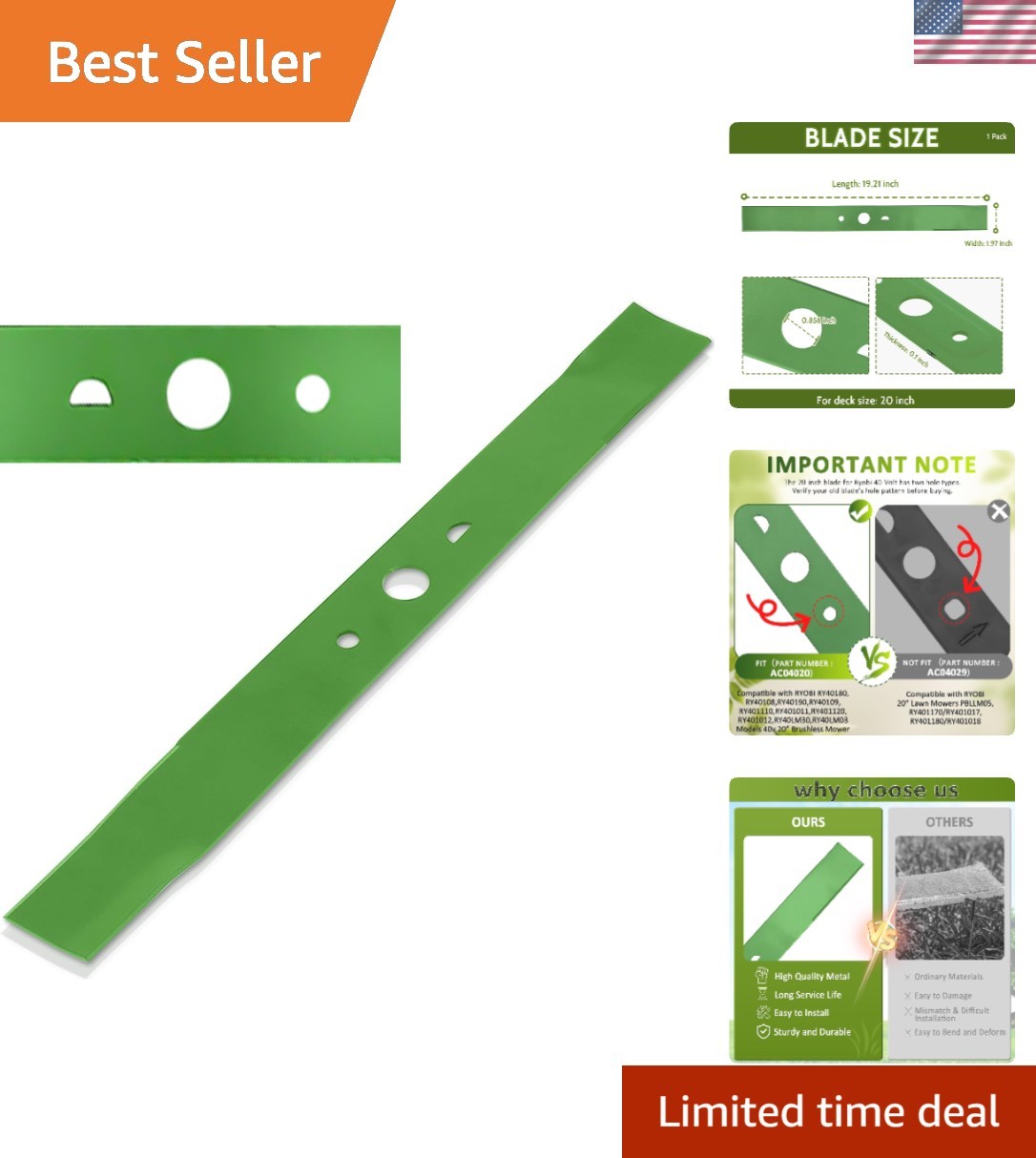 Ryobi AC04020 Lawn Mower Blade - Durable 20 Inch Replacement for Better Cutting gallery