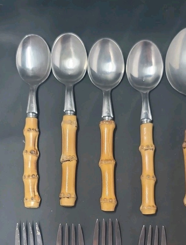 VTG Natural Bamboo Flatware Silverware Utensil 20 Pc BOXED Set Japan Stainless gallery
