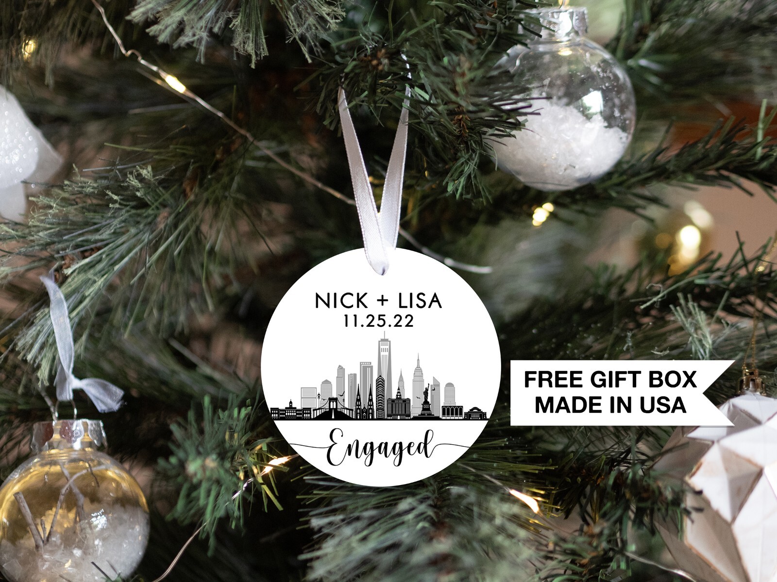 Personalized Engaged Christmas Ornament NYC Skyline | Our First Christmas gallery