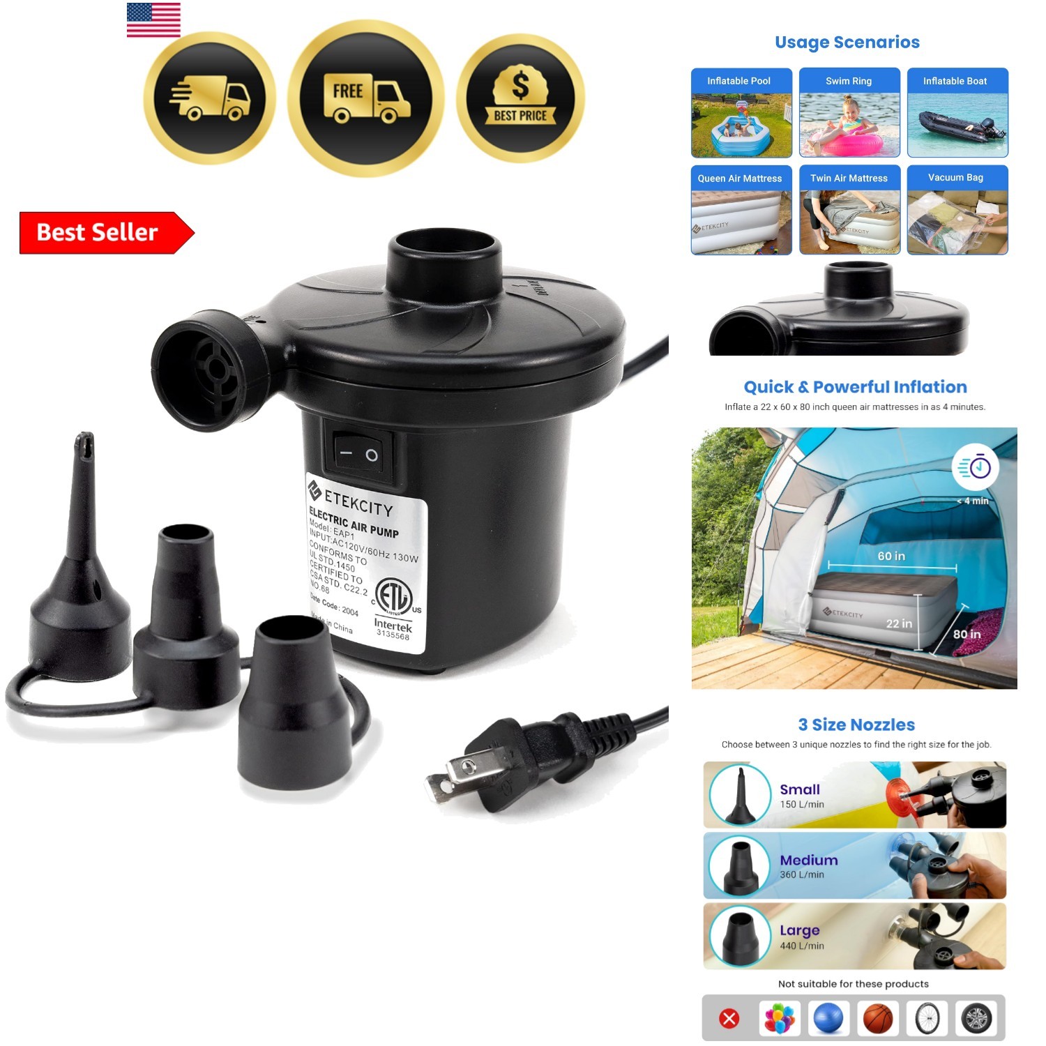 Air Pump for Inflatables, Portable Electric Air Mattress Pump, Quick-Fill Per... gallery
