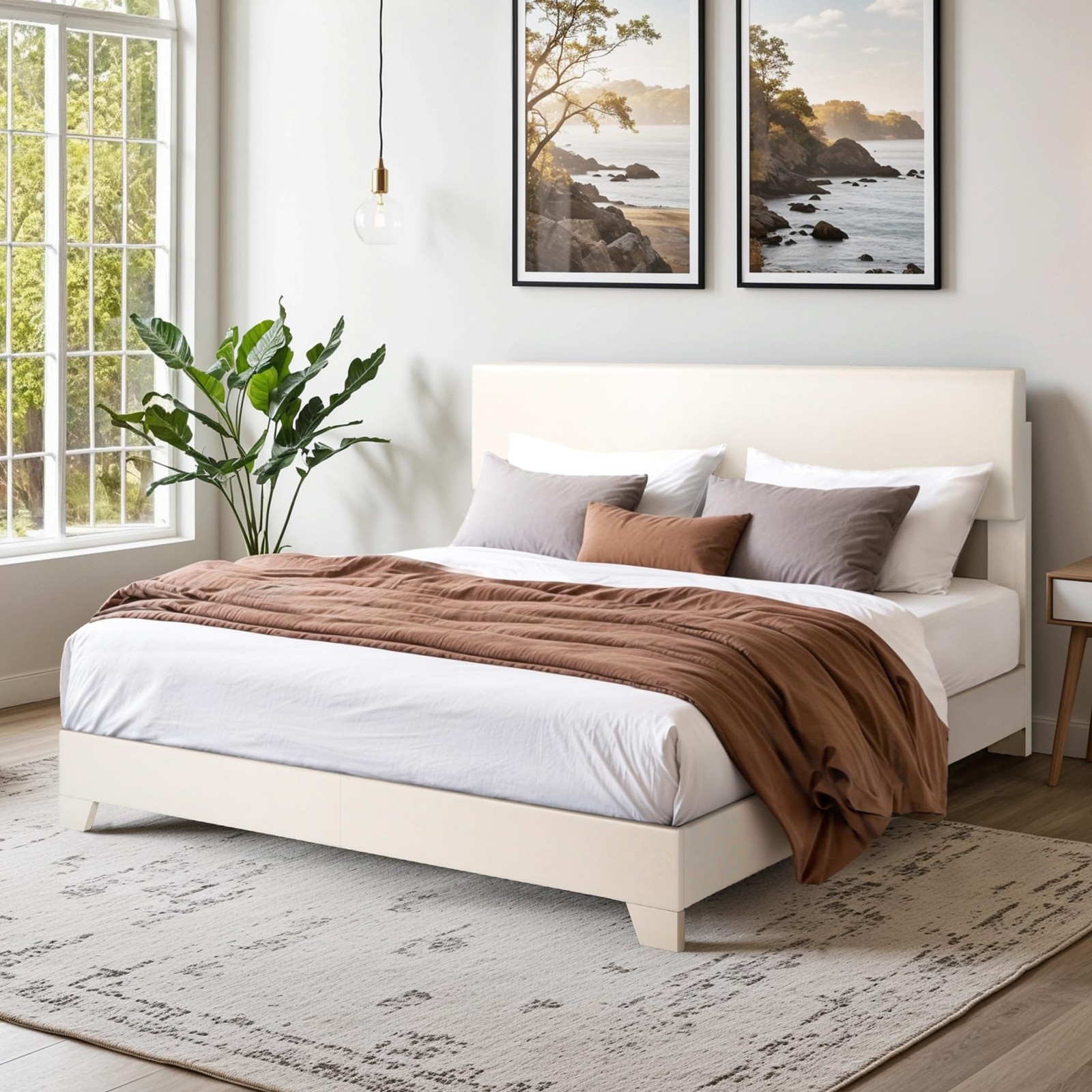 Queen Bed Frame Adjustable Headboard Faux Leather Platform Off White CERLIN Size gallery
