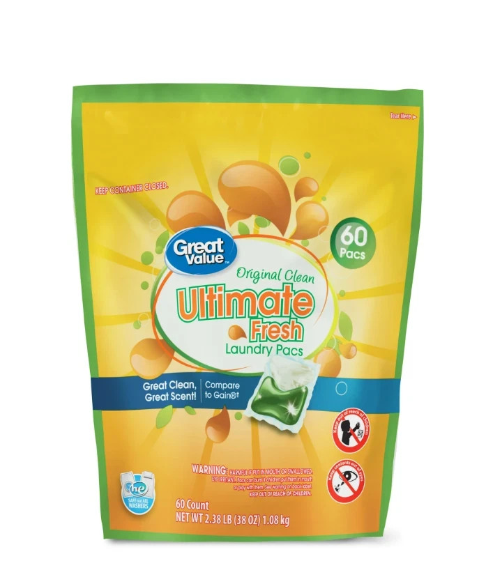 (4 pack) Great Value Ultimate Fresh Laundry Pacs, Original Clean, 60 Count- NEW gallery