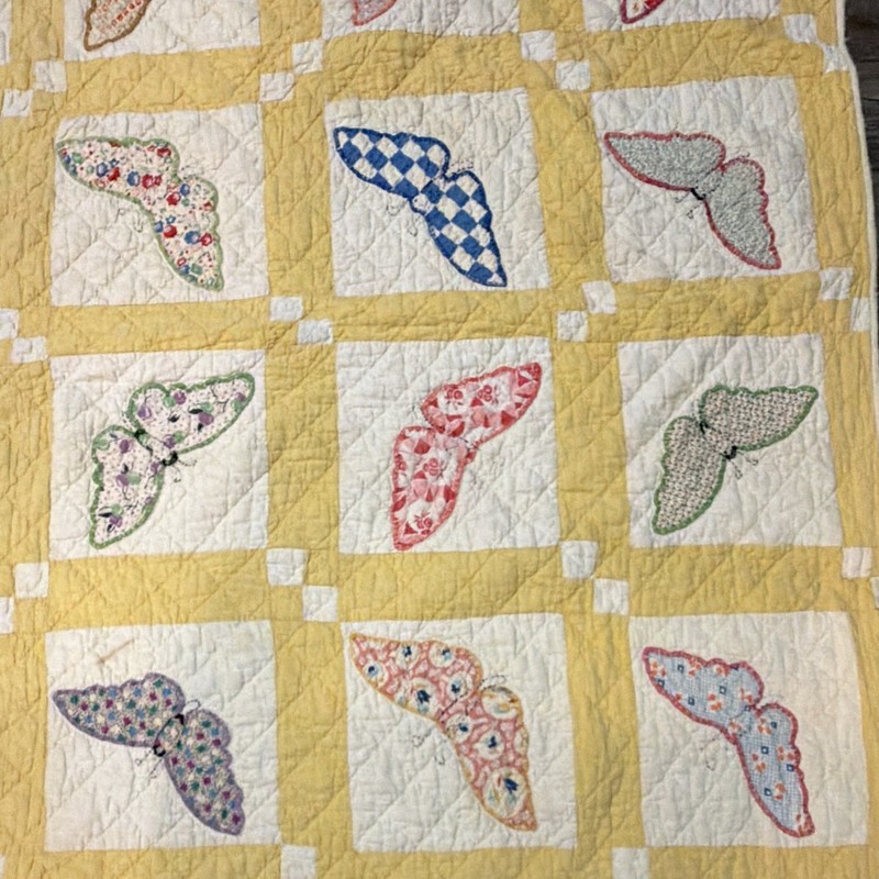Patchwork Quilt Yellow & White w/ Multicolor Butterfly Squares Coverlet 63” x 73 gallery