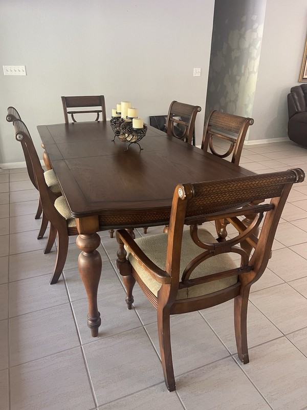 7-Piece Rectangular Wood Dining Table Set w/ 6 Upholstered Chairs Brown/Beige gallery