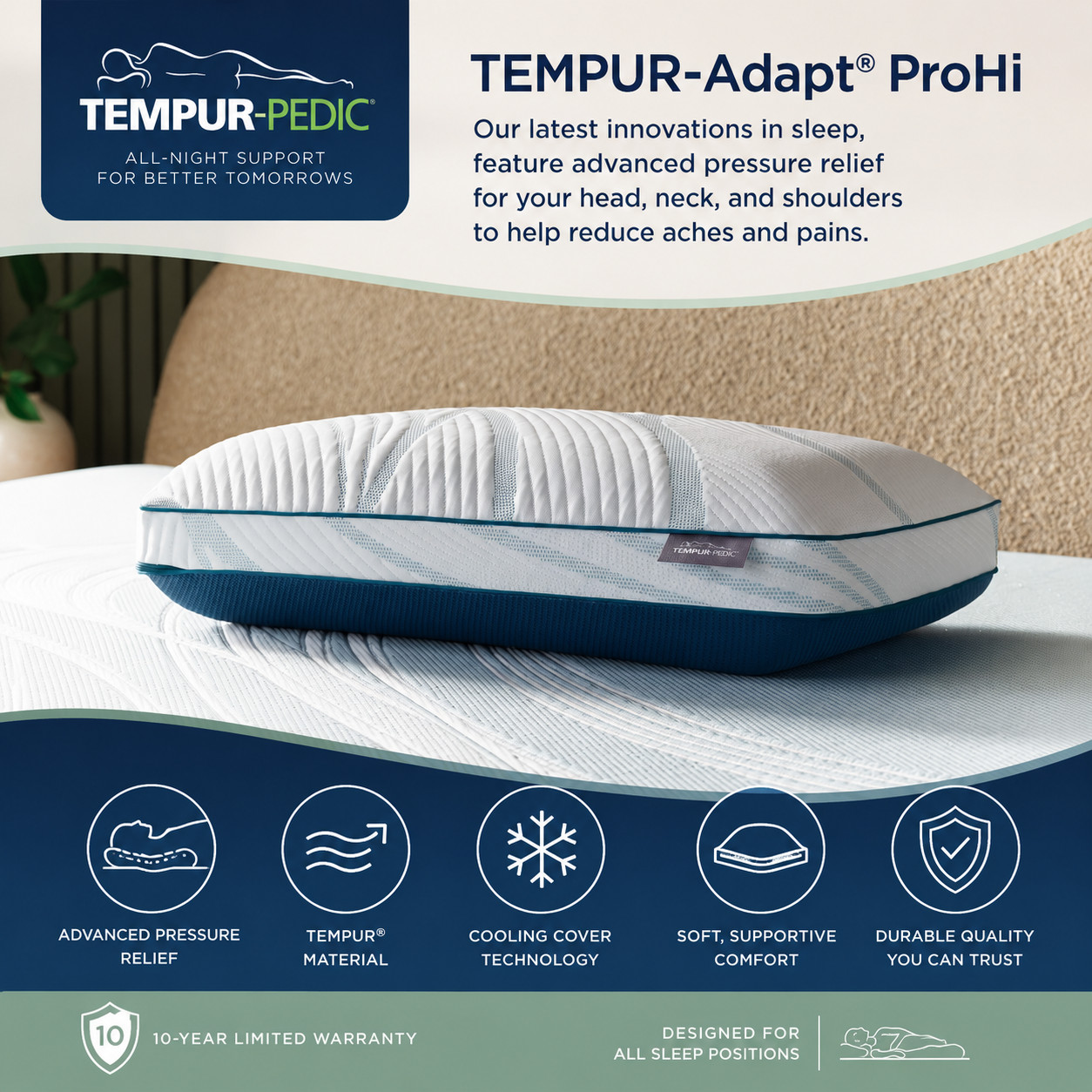 TEMPUR-Adapt® Pillow Collection ( Adapt® ProHi ) Queen/ White Blue gallery