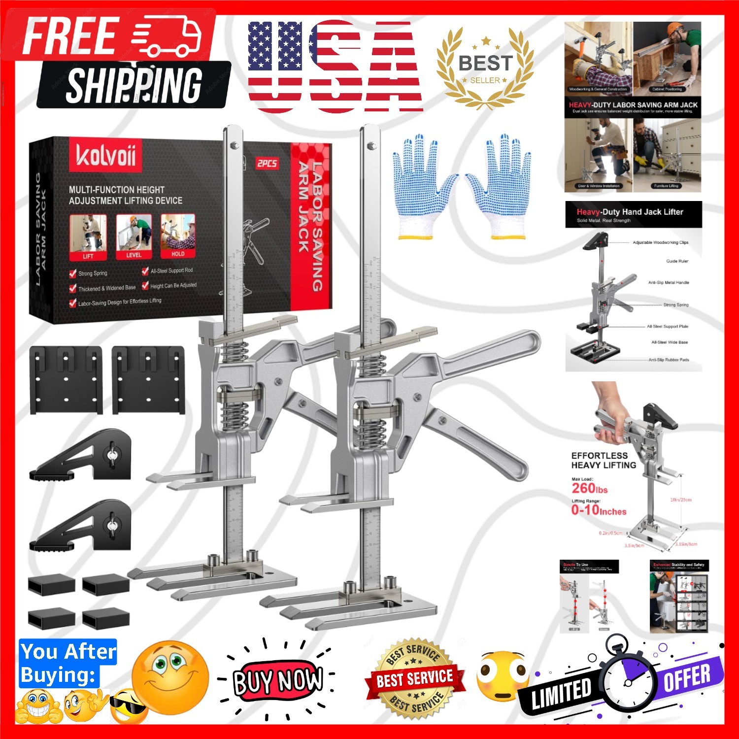 Labor Saving Arm Jack 2 Pack, 10" Height-Adjustable All-Metal Hand Lifting Ja... gallery