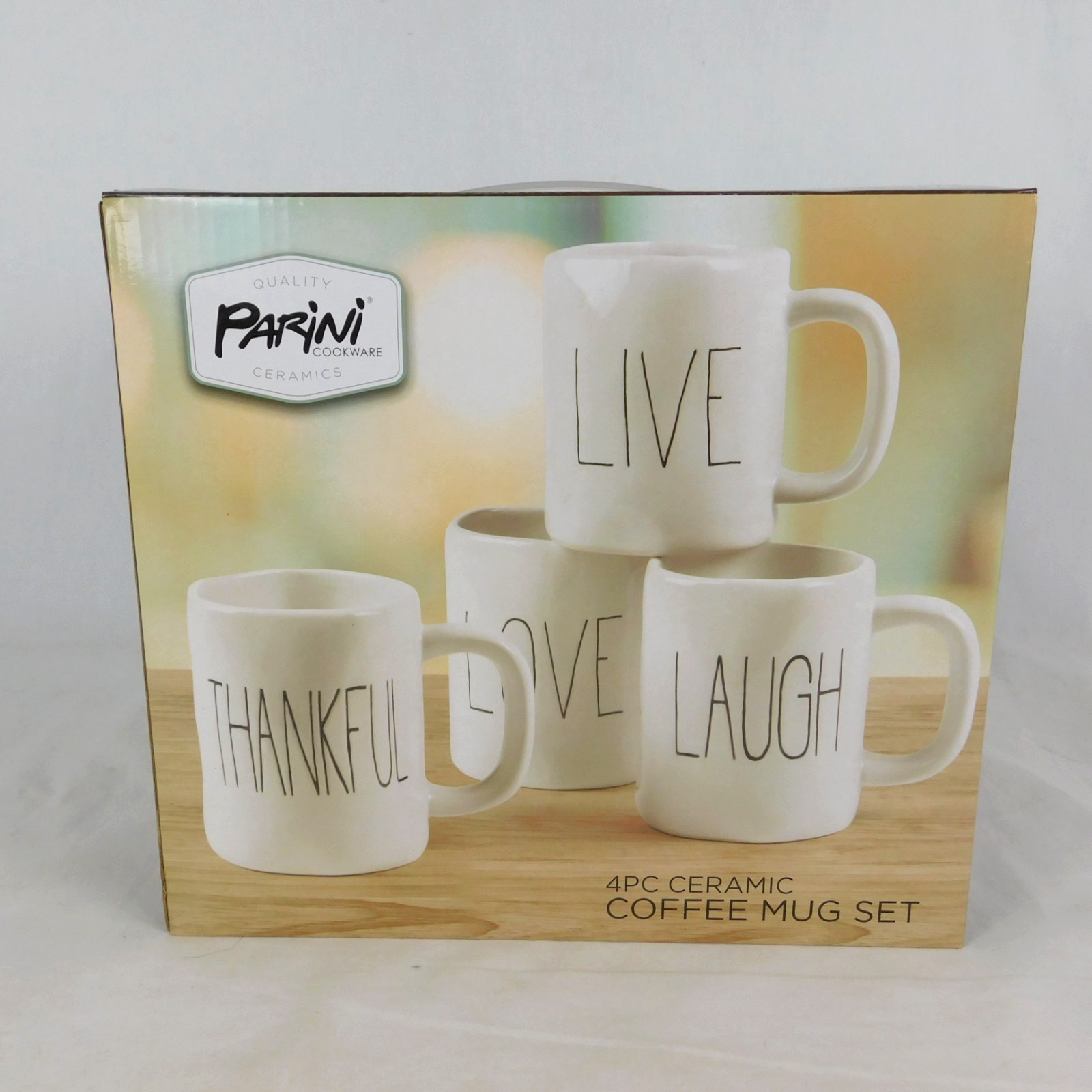 Parini 4 Pc Ceramic COFFEE MUG SET Live Laugh Love Thankful Rae Dunn Inspired gallery