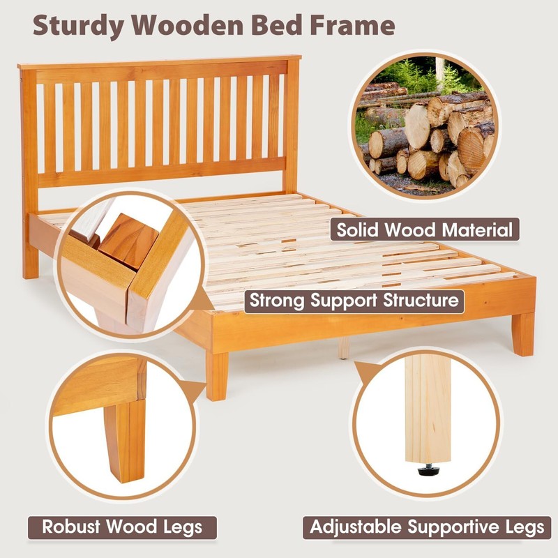 Wood Platform Bed Frame Solid Wood Foundation/Wood Slats Support with Headboard gallery