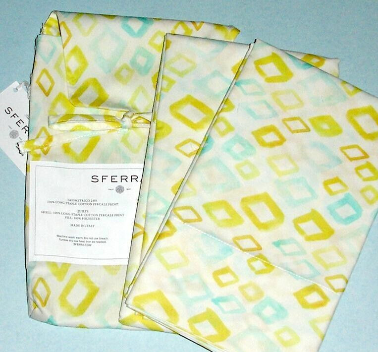 Sferra Geometrico Standard Pillowcases Pair Aqua Yellow Cotton Percale Italy NEW gallery