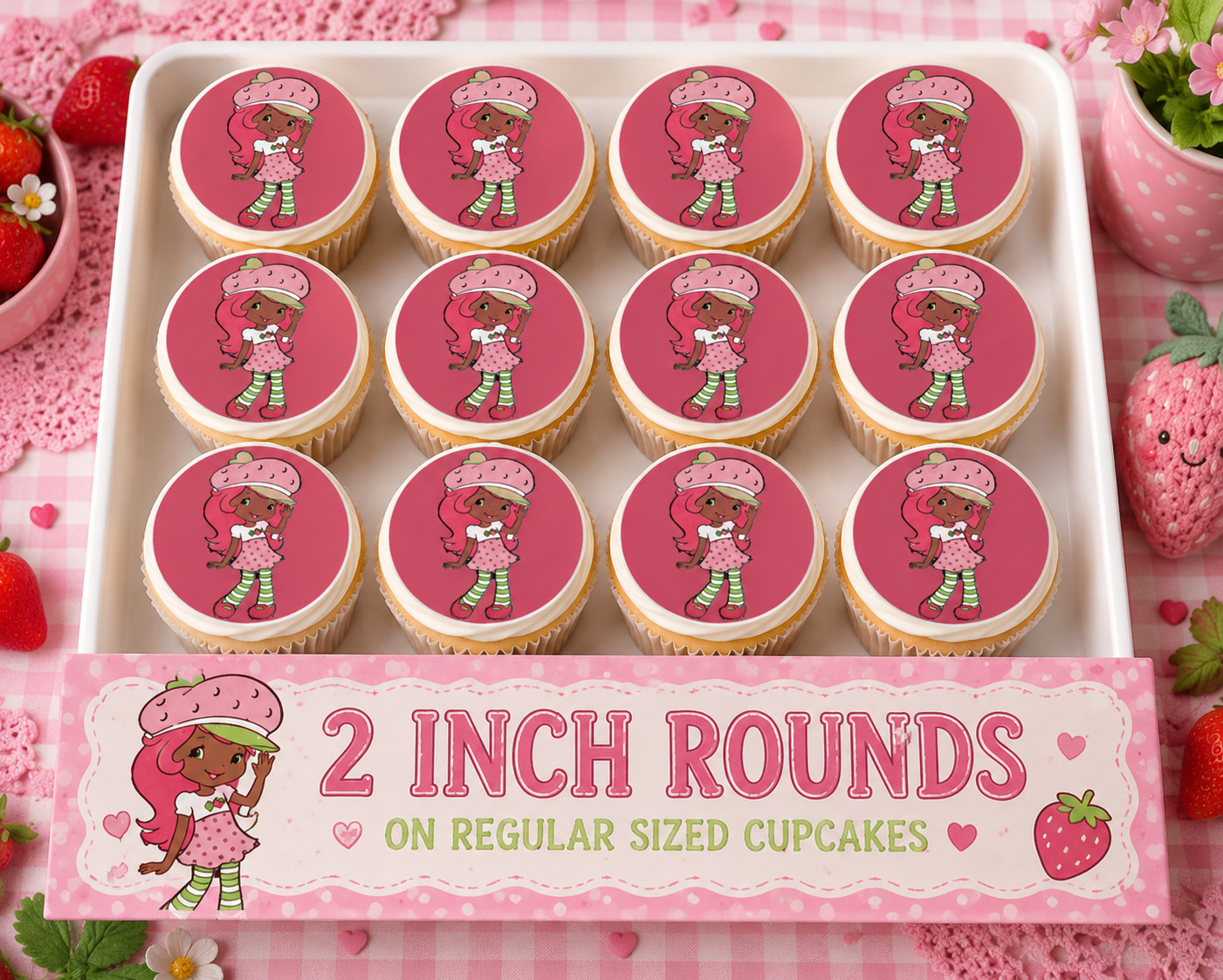 12 pc. Black Strawberry Shortcake edible image rounds, choose sz. PRE CUT gallery