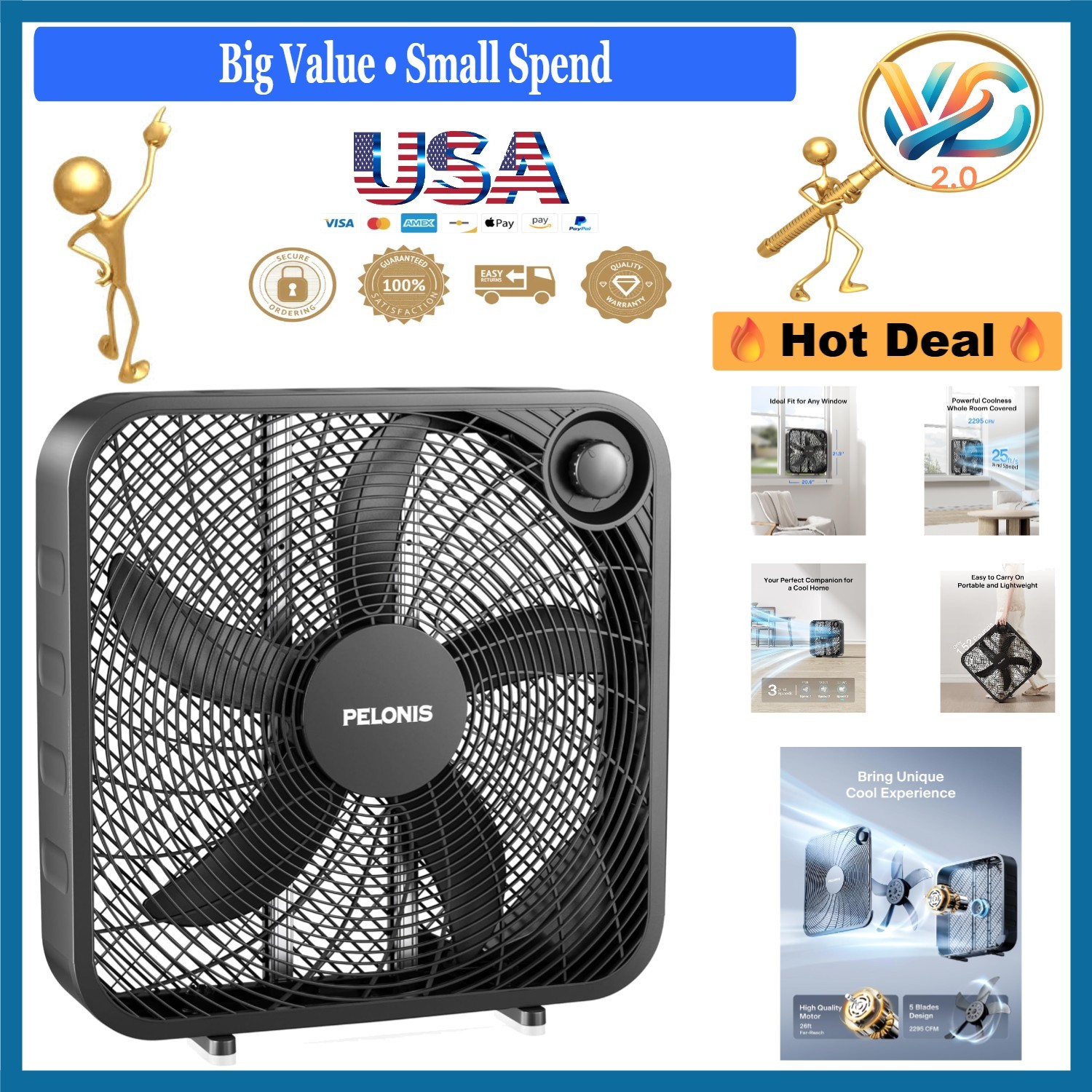 20 Inch Box Fan with 3 Speeds, 2295 CFM, Lightweight Grey Floor Fan gallery