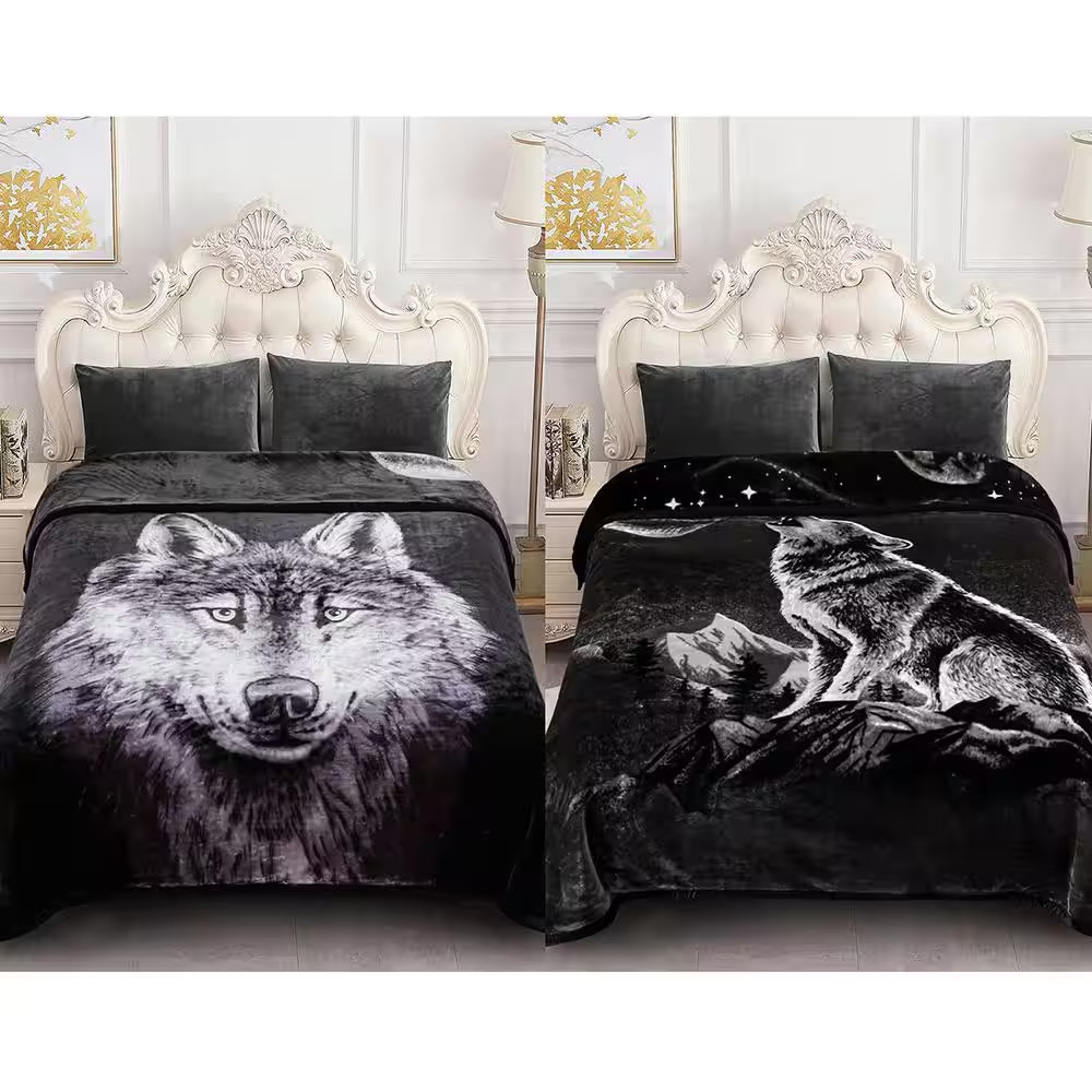 Black White Wolf 75 In. X 87 In. Reversible Printed Polyester Fleece Mink Warm T gallery