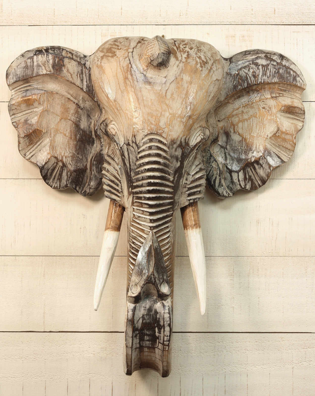 Wooden Whitewashed Hand Carved Elephant Wall Bust Sculpture Hanging Decor Statue gallery