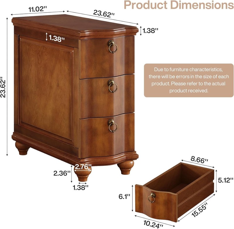 Wood Fully Assembled End Table, 3-Drawers Narrow Slim Side Table for Living Room gallery