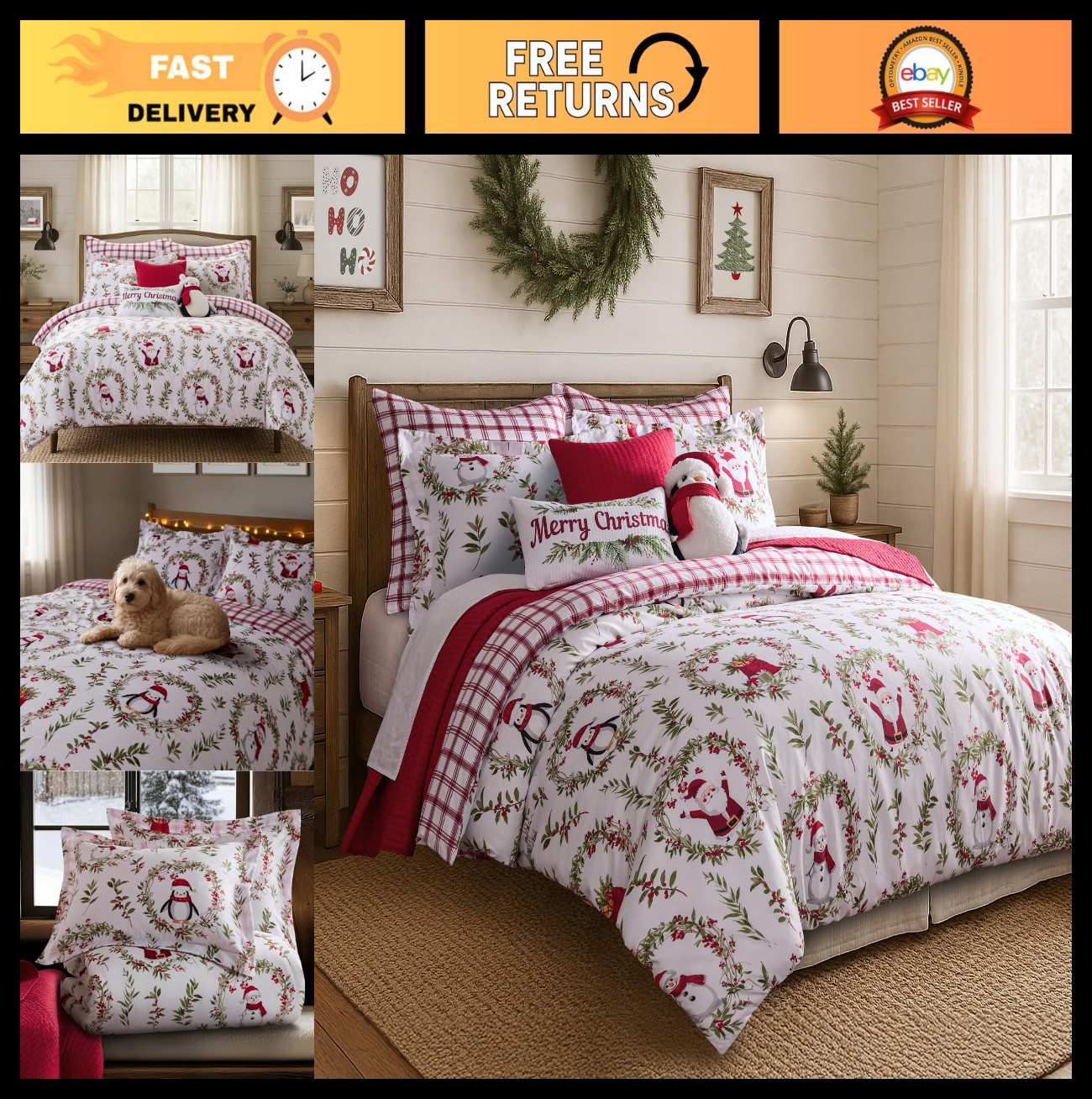 Cozy Pine & Plaid King Comforter Set - Reversible Holiday Wreaths + 2 Shams gallery