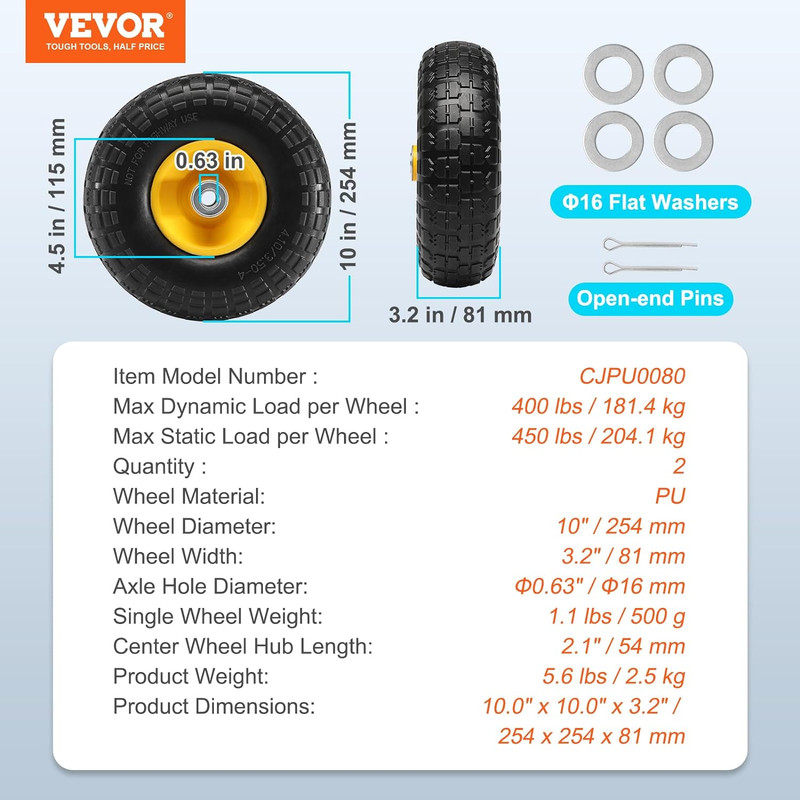 (2-Pack) 10-Inch Solid Rubber Tires and Wheels, 4.10/3.50-4" Flat Free Tubeless gallery