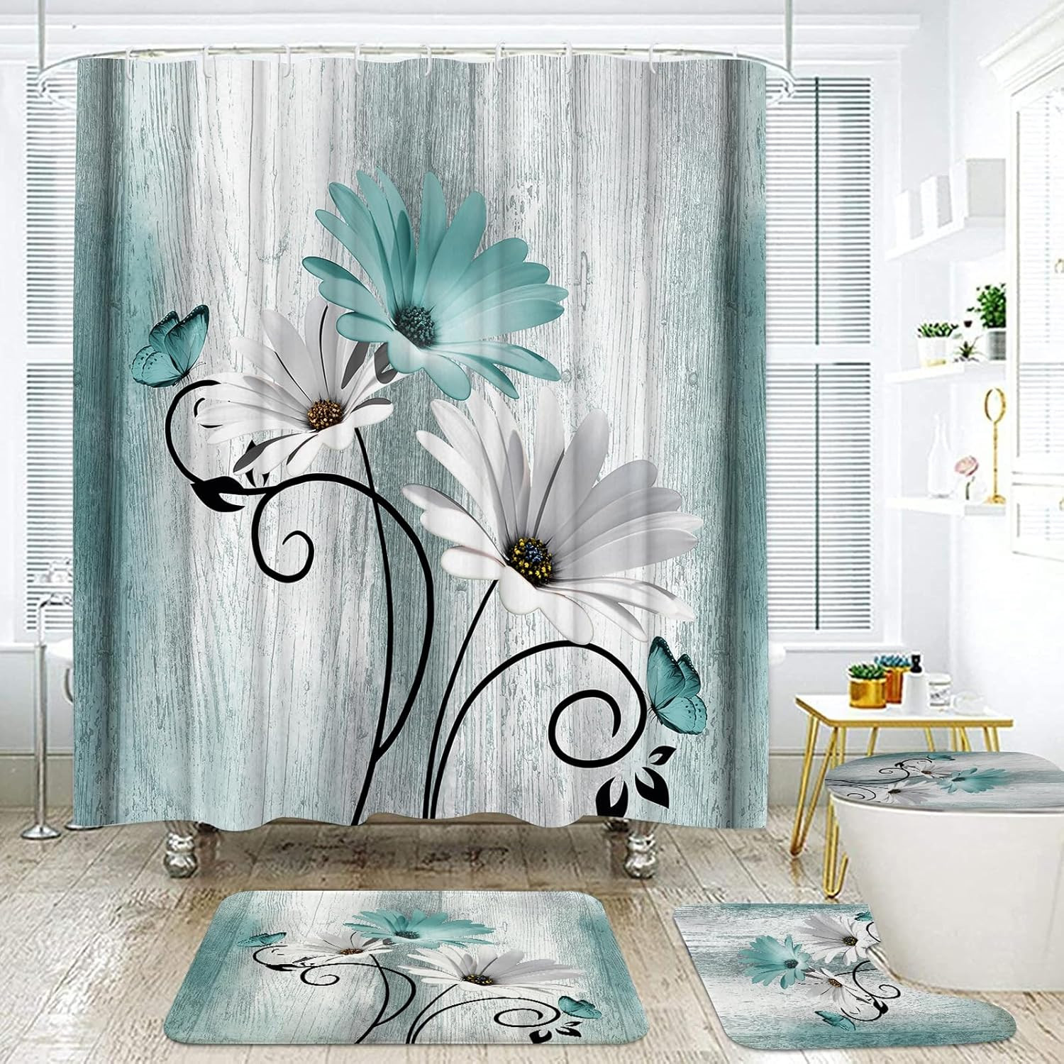 4PCS Teal Daisy Shower Curtain Set, Shower Curtain, Carpet and Accessories gallery