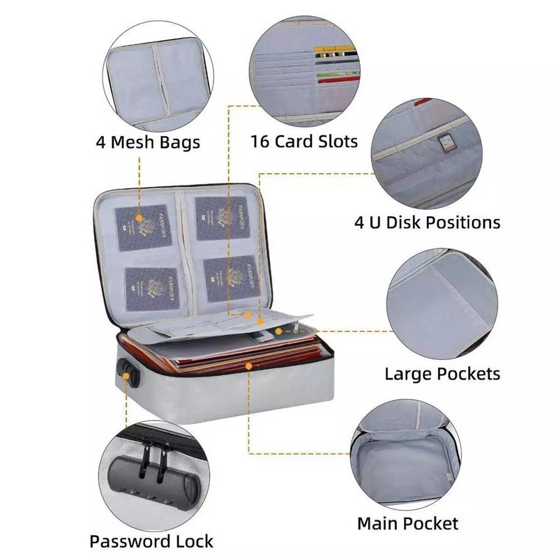3-Layer Fireproof Document Box with Lock File Storage Box Waterproof Safe Bag US gallery