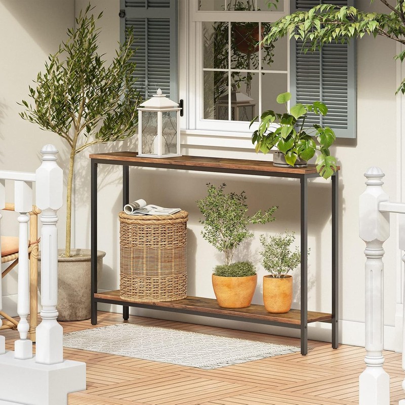 Narrow Console Table 47.2" Rustic Brown Black Metal Frame Entryway Sofa gallery