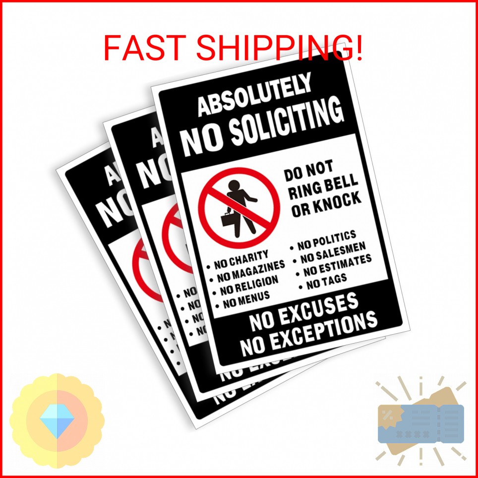 No Soliciting Sign for Front Door, 3 Pack 6x4 Inch Reflective Vinyl Stickers for gallery