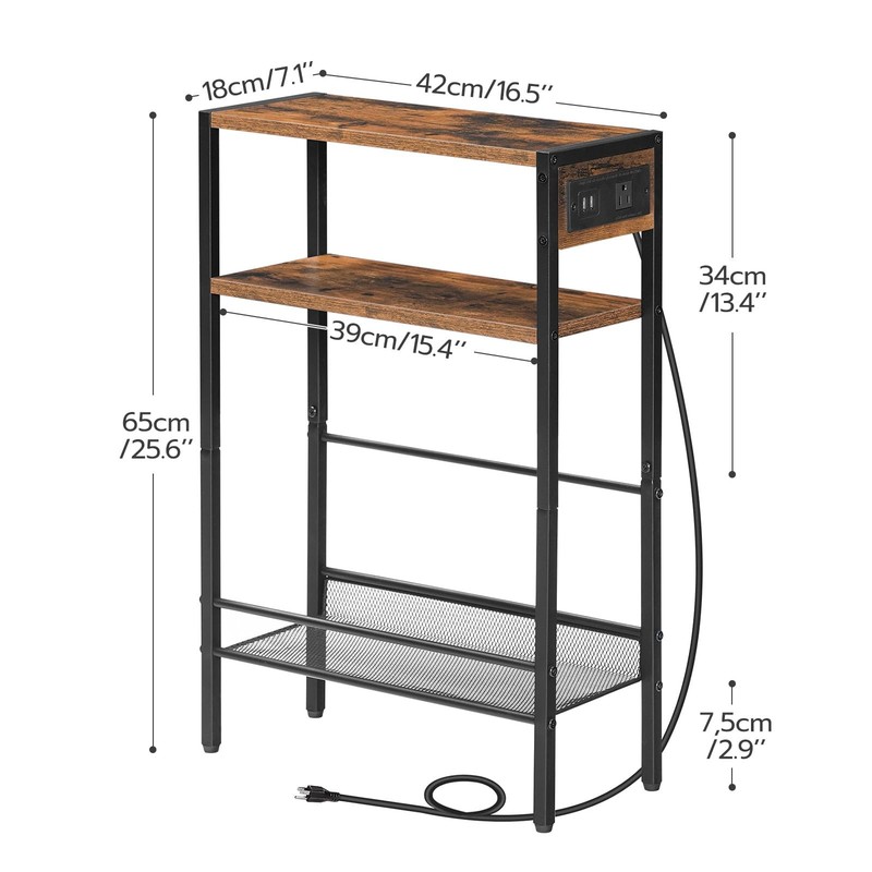 Narrow Side Table, Charging Station, Rustic Brown, Black, USB, Shelf, Skinny gallery