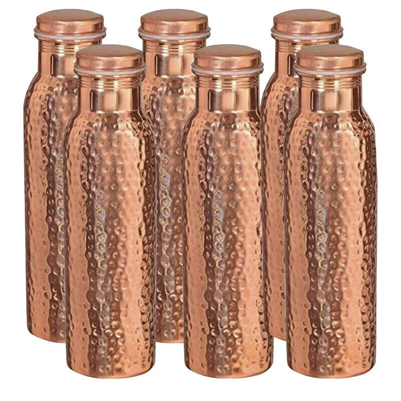 Handmade 100% Pure Copper Water Bottle Hammered Design 950 ml Pack Of 6 gallery