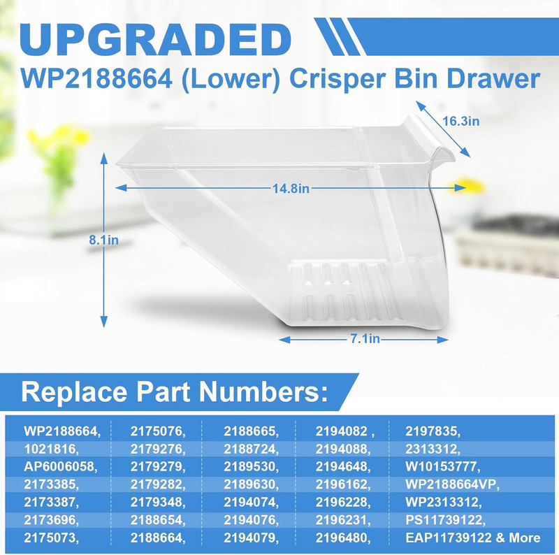 [2 PACK]UPGRADED 2188656 (Upper) Refrigerator Crisper Bin & 2188664 (Lower) Frid gallery