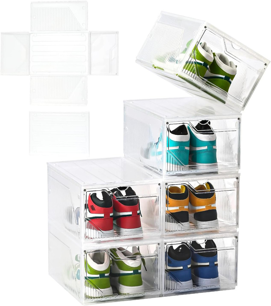 6 XXL Large Shoe Storage Stackable Boxes Fit Size 13 14 15 For Closet Bedroom