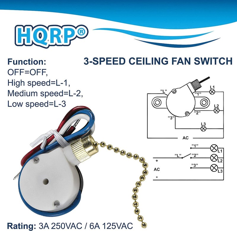 HQRP 3-Speed 4-Wire Ceiling Fan Pull Chain Light Switch 4 Pre-Installed Wires gallery