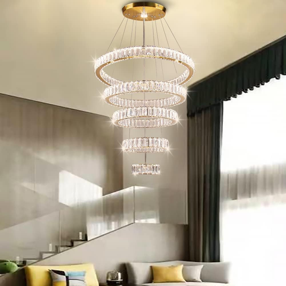 Stunning Multicolor LED Crystal Chandelier - 5 Ring Pendant Light for Home gallery