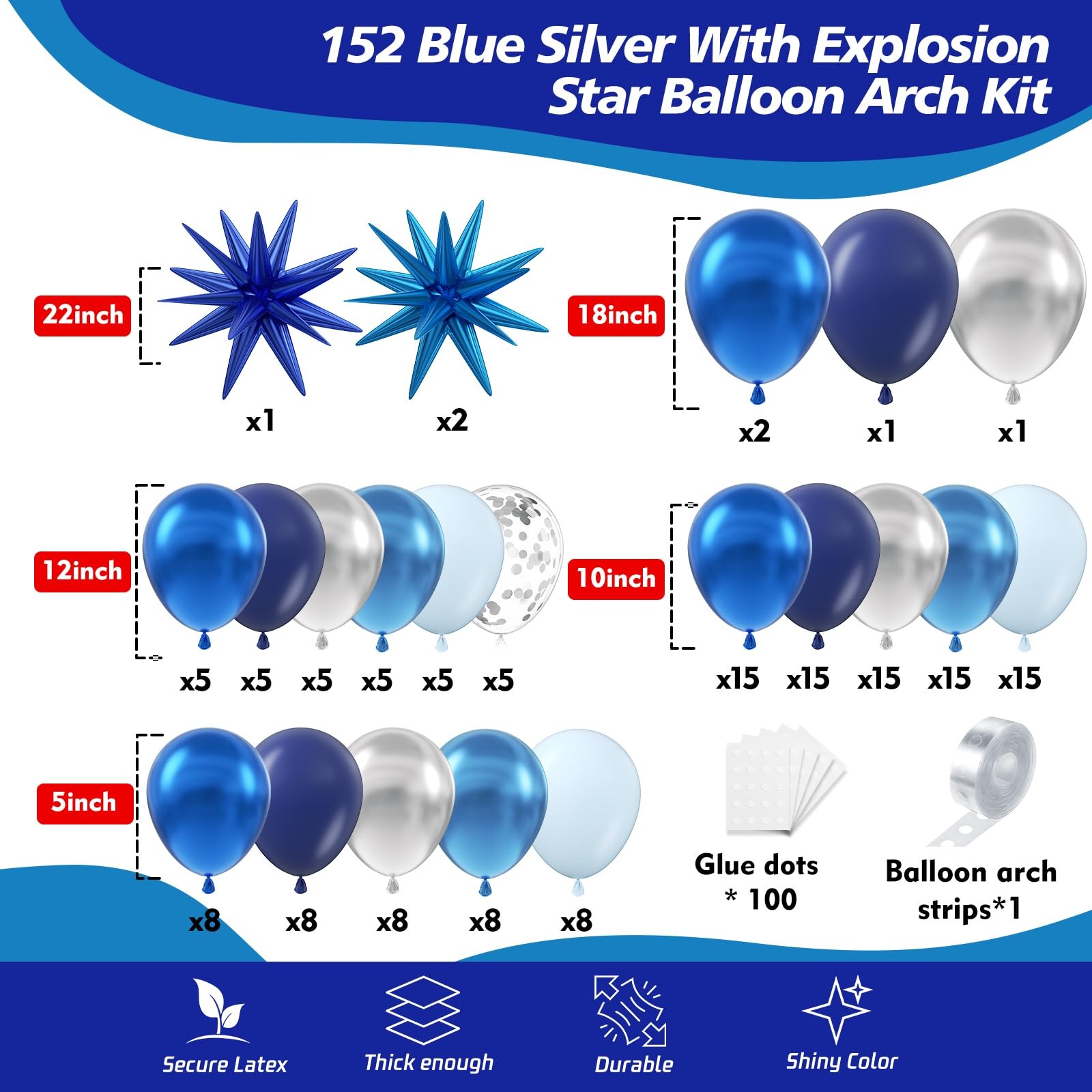 Blue Balloon Arch Kit 152Pcs Latex Garland for Birthday, Wedding, Party Decor gallery