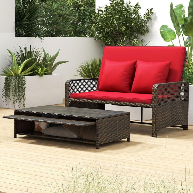 Versatile Red Wicker Daybed & Loveseat with Storage Ottoman gallery