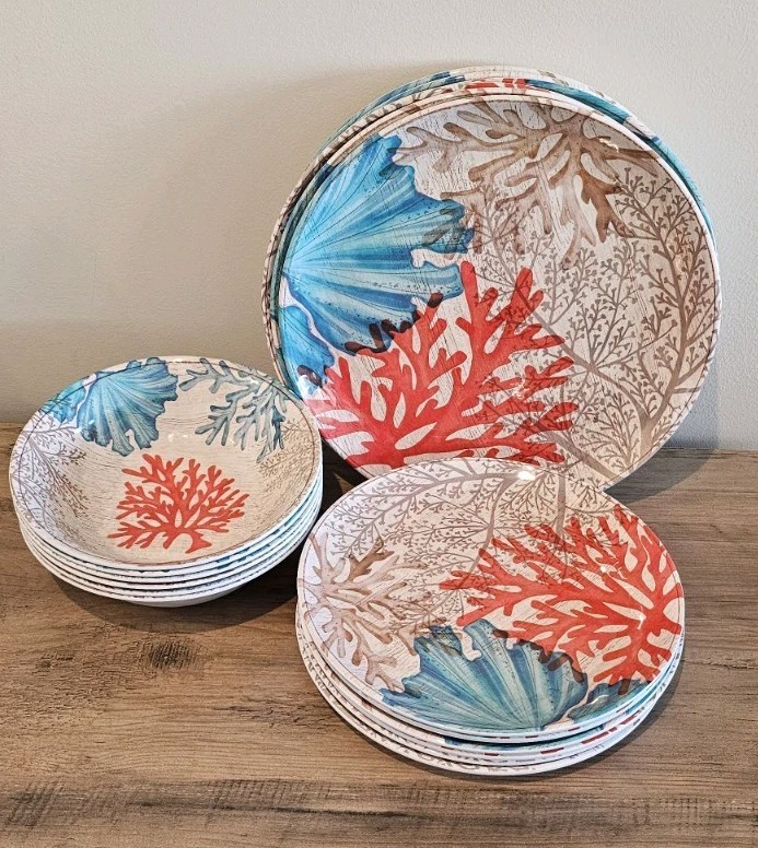 Coastal Beach Dinnerware 6 Place Setting 18 Pc Set Plates Bowls Coral Ocean