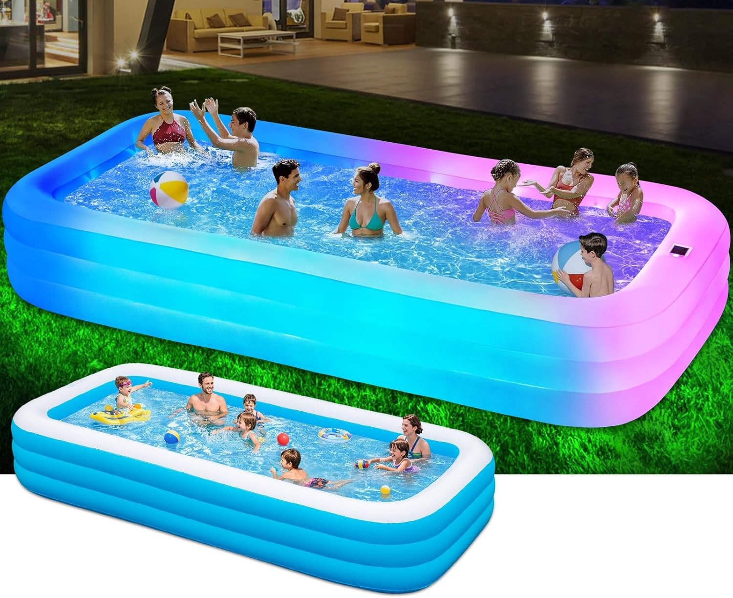 145"x74"x22", Large Solar Inflatable Pool with Lights, Oversized Thickened Blow gallery