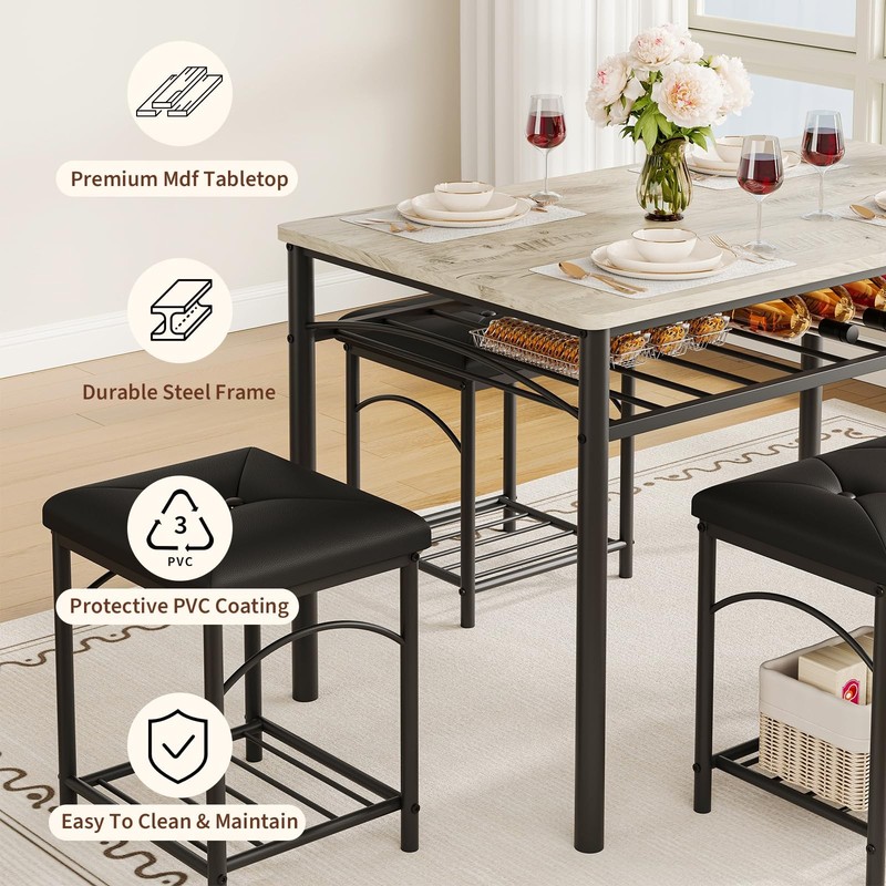 Dining Table Set for 4 with Upholstered Benches and 2 Stools, Modern Space Sa... gallery
