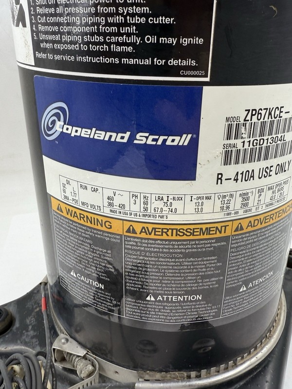 COPELAND SCROLL COMPRESSOR ZP67KCE-TFD-13A ZP67KCE-TFD 3 Phase 460V R410A gallery